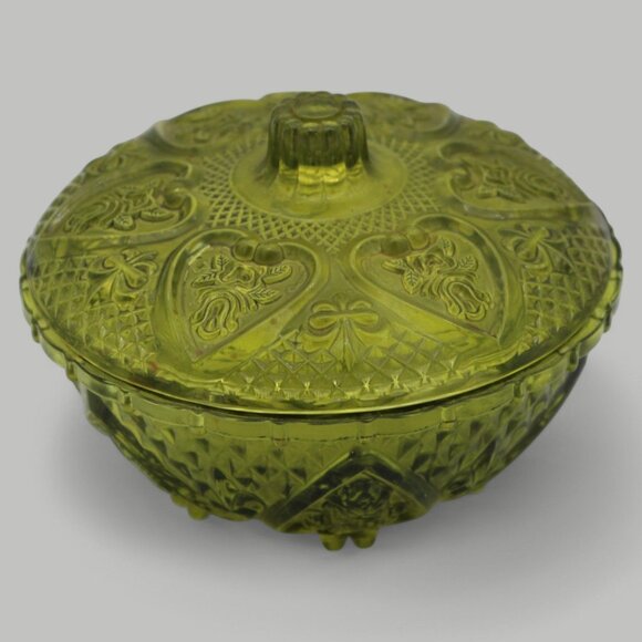 Depression Glass Other - Green Depression Glass Lidded Candy Dish With Intricate Embossed Pattern - 5" Di